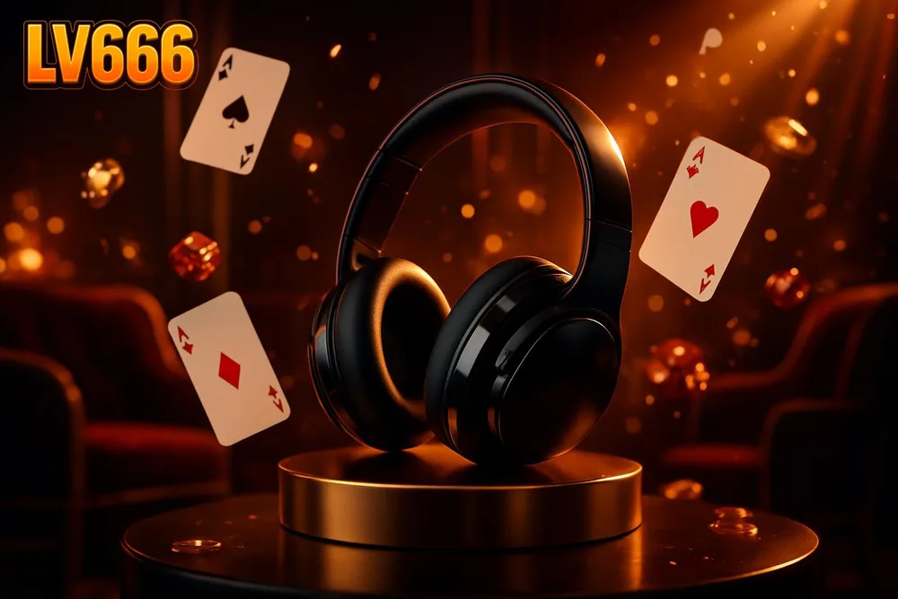 LV666 app โ glossy headset on podium with flying cards LV666 app โ glossy headset on podium with flying cards