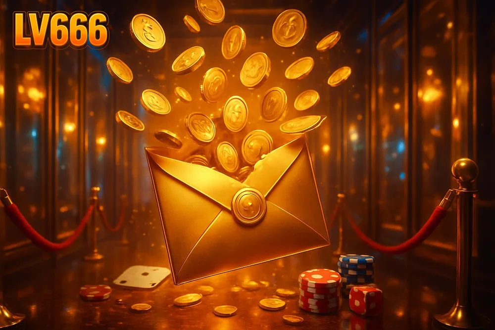 LV666 bonus โ golden envelope bursting with coins in mirrored hall LV666 bonus โ golden envelope bursting with coins in mirrored hall