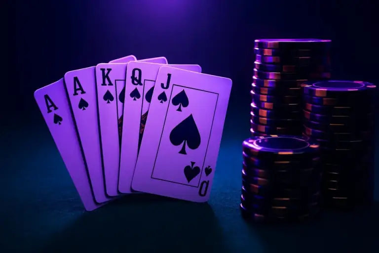 Playing cards and casino chips on a dark felt table, card games at LV666