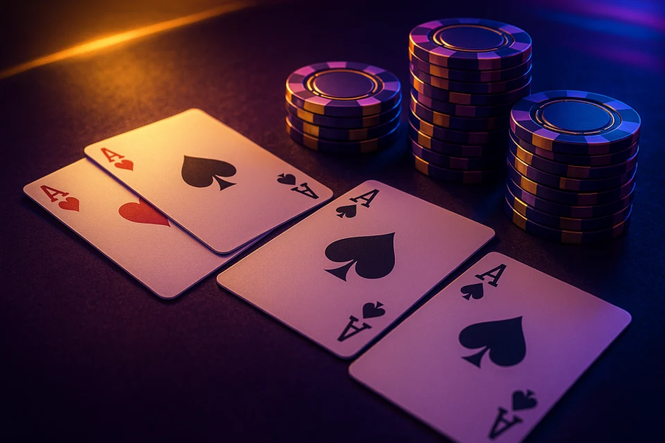 Playing cards and casino chips on a dark felt table, card games at LV666