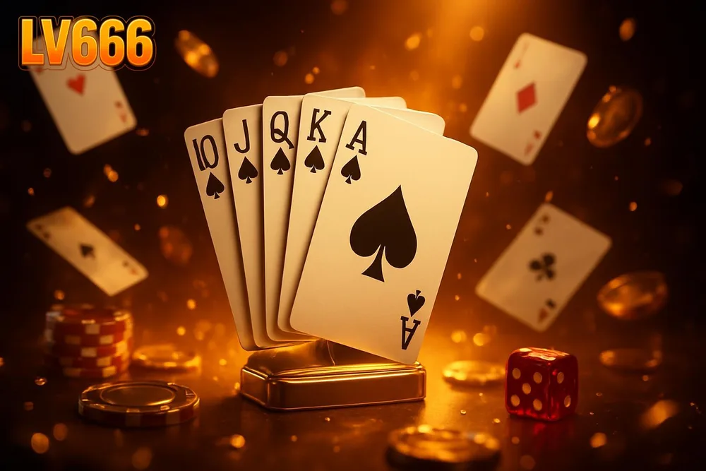 LV666 casino โ royal flush fanned upright under golden spotlight LV666 casino โ royal flush fanned upright under golden spotlight