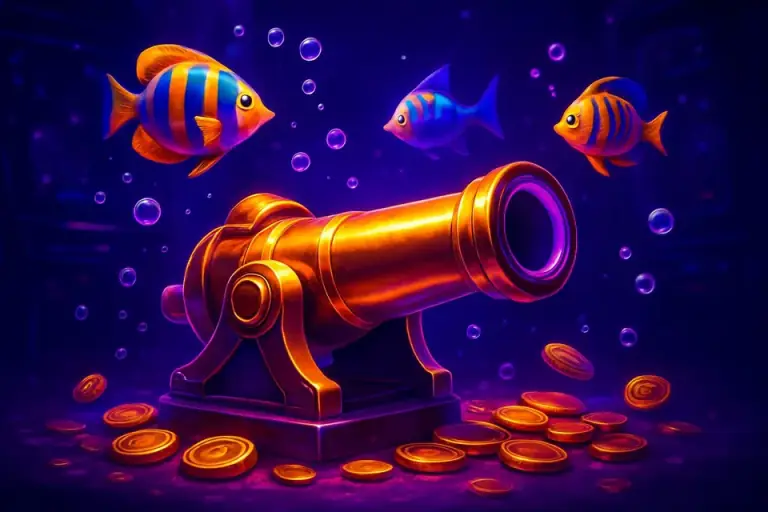 Underwater fishing arcade game with a golden cannon and tropical fish, LV666