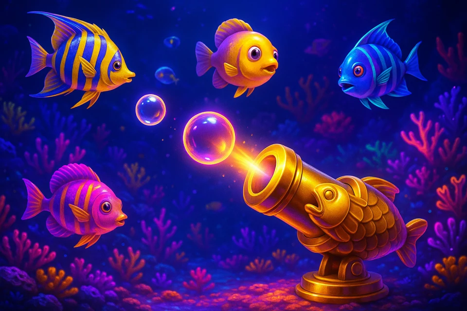 Underwater fishing arcade game with a golden cannon and tropical fish, LV666