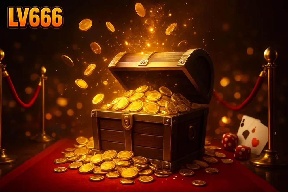 LV666 games โ treasure chest overflowing with coins on red carpet LV666 games โ treasure chest overflowing with coins on red carpet