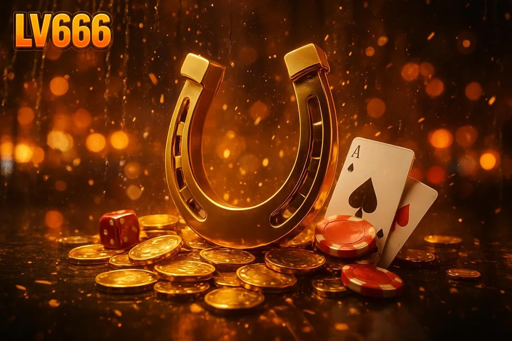 LV666 Bangladesh โ golden horseshoe standing in scattered coins under rainy atrium lights LV666 Bangladesh โ golden horseshoe standing in scattered coins under rainy atrium lights