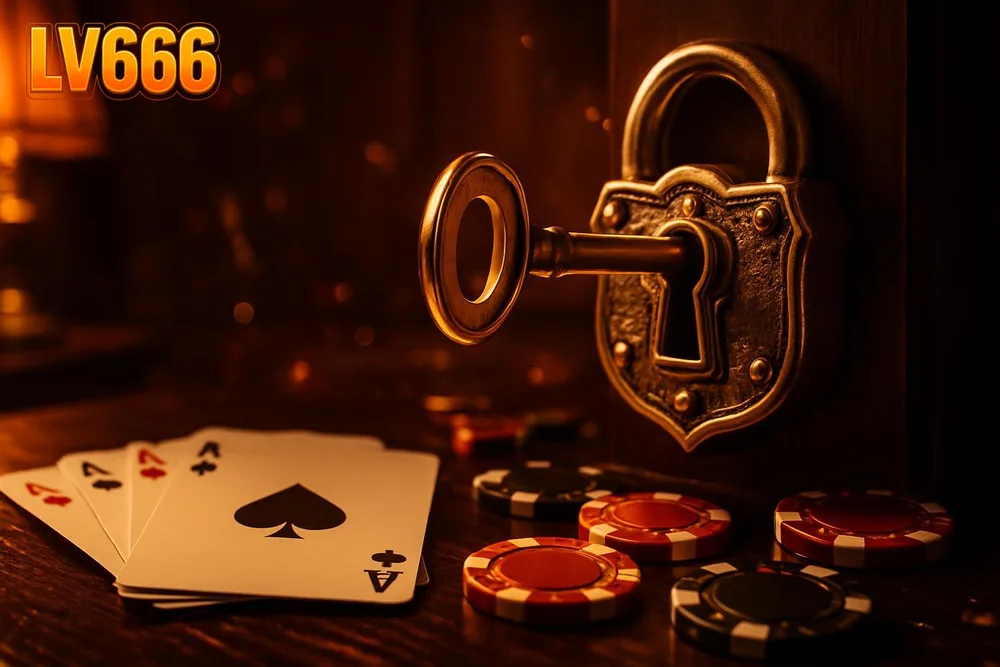LV666 login โ golden key turning in ornate padlock near chips LV666 login โ golden key turning in ornate padlock near chips