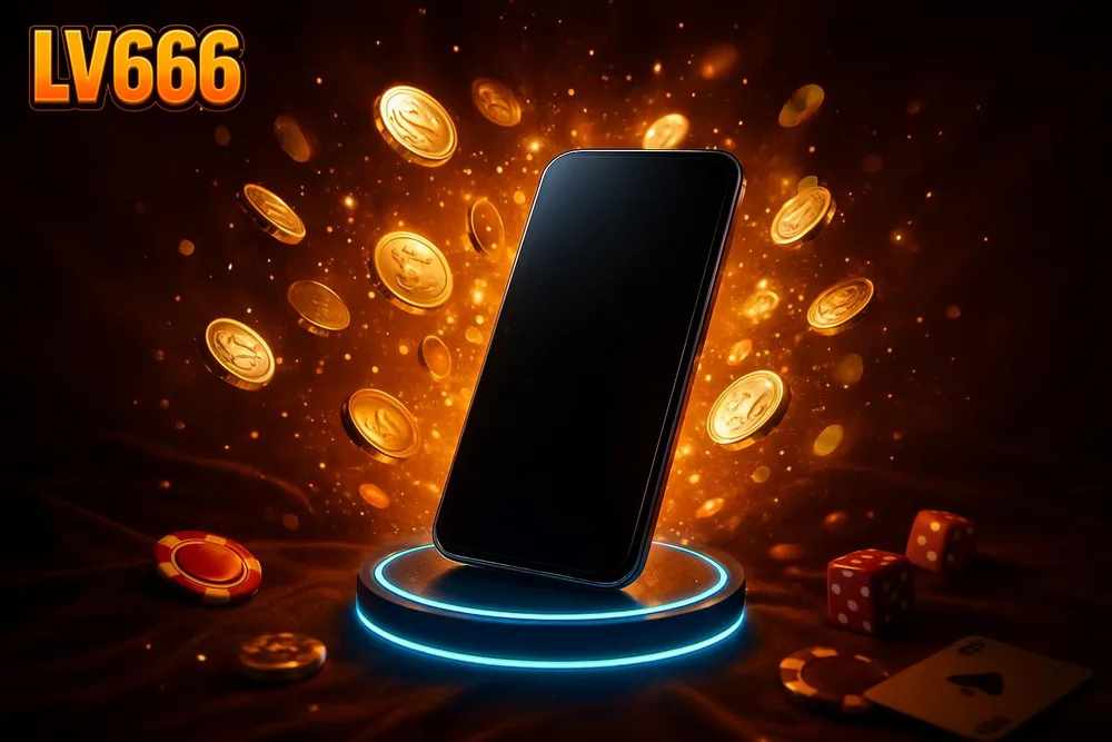 LV666 login โ smartphone glowing on podium amid coin burst LV666 login โ smartphone glowing on podium amid coin burst